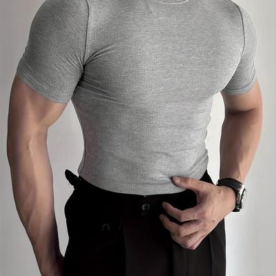 TEMU Men's Slim Fit Ribbed T-shirt - Breathable, Comfortable, Short Sleeve Athletic Tee For Summer Workouts & Casual Wear, Gym Shirts Image