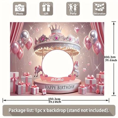 TEMU Customizable Pink Princess Carousel Birthday Banner - Personalized Photo Insert, Vinyl Material, Ideal For Room & Garden Party Decorations, Princess Party Decorations Image