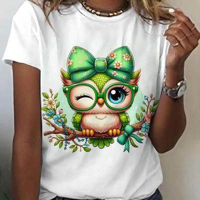 TEMU Women's Casual Elegant Round Neck T-shirt - Cute Owl With & Spring Floral Print, Breathable Machine-washable Top For Spring Summer Casual Attire, Seasonal Fashion, Image