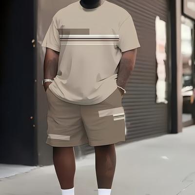 TEMU Men's 2pcs Summer Set, Featuring A Casual Sports Round-neck T-shirt And Shorts, Made From Print Knitted Fabric, 100% Polyester, Regular Fit, 150g/m² - In Plus Sizes. Image