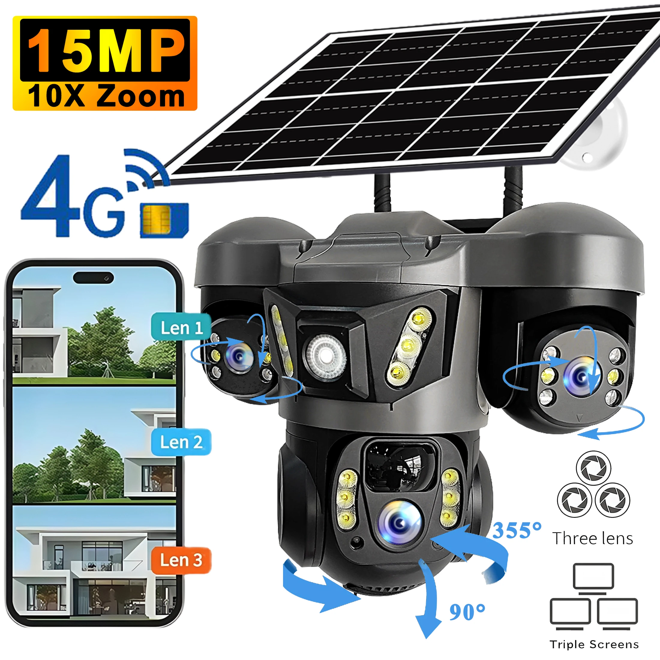 V380 Pro 15MP Solarkamera Drei Objektiv Audio Outdoor IP66 Wasserdicht Eingebaute Batterie Sicherheit CCTV HD 4G SIM Karte Netzwerk Kamera Image