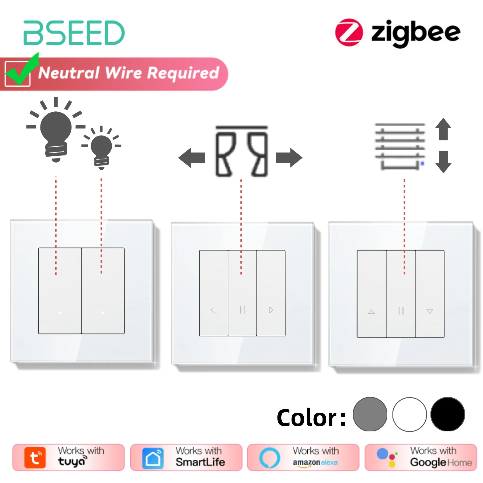 BSEED Zigbee Vorhang/Licht/Rollenschalter Serie Wand Smart Click Schalter Verschluss Gelbe Hintergrundbeleuchtung Glasrahmen Tuya APP Schalter Image