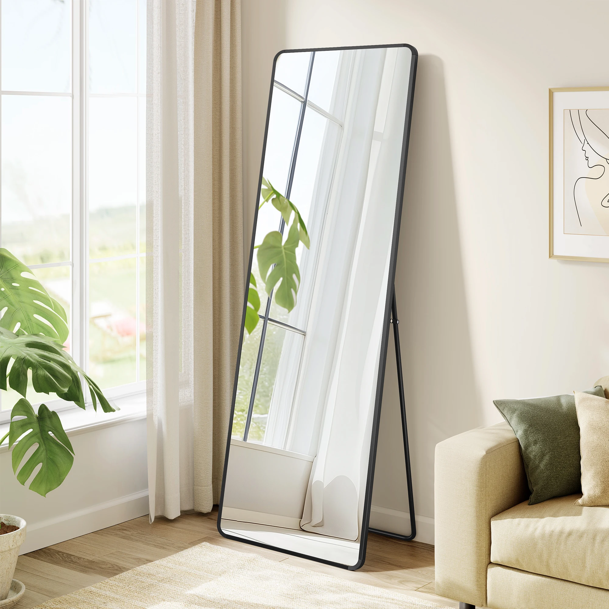 SONGMICS Ganzkörperspiegel, 150 x 40 cm, rechteckiger Standspiegel, Rahmen aus Aluminiumlegierung, Hartglas, für Schlafzimmer Image