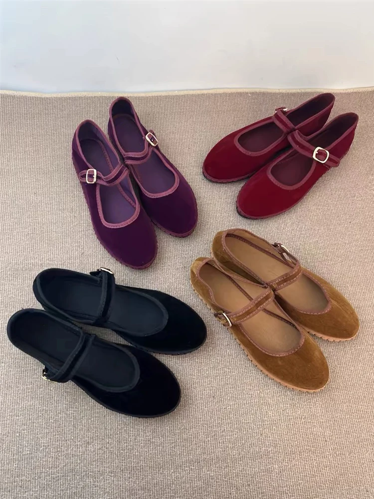 Samt Mary Jane Schuhe für Frauen Hand Stich Casual Streetwear Ballerinas Pumps Weibliche Einfarbig Rot Tuch Schuhe Müßiggänger