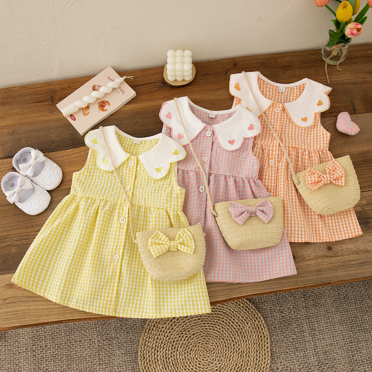 Baby Mädchen Kleider 2-teiliges Set Sommer Neue ärmellose karierte Revers Mädchen Kleidung Strand Party süße Rundhals Baby Kleid senden Tasche Image