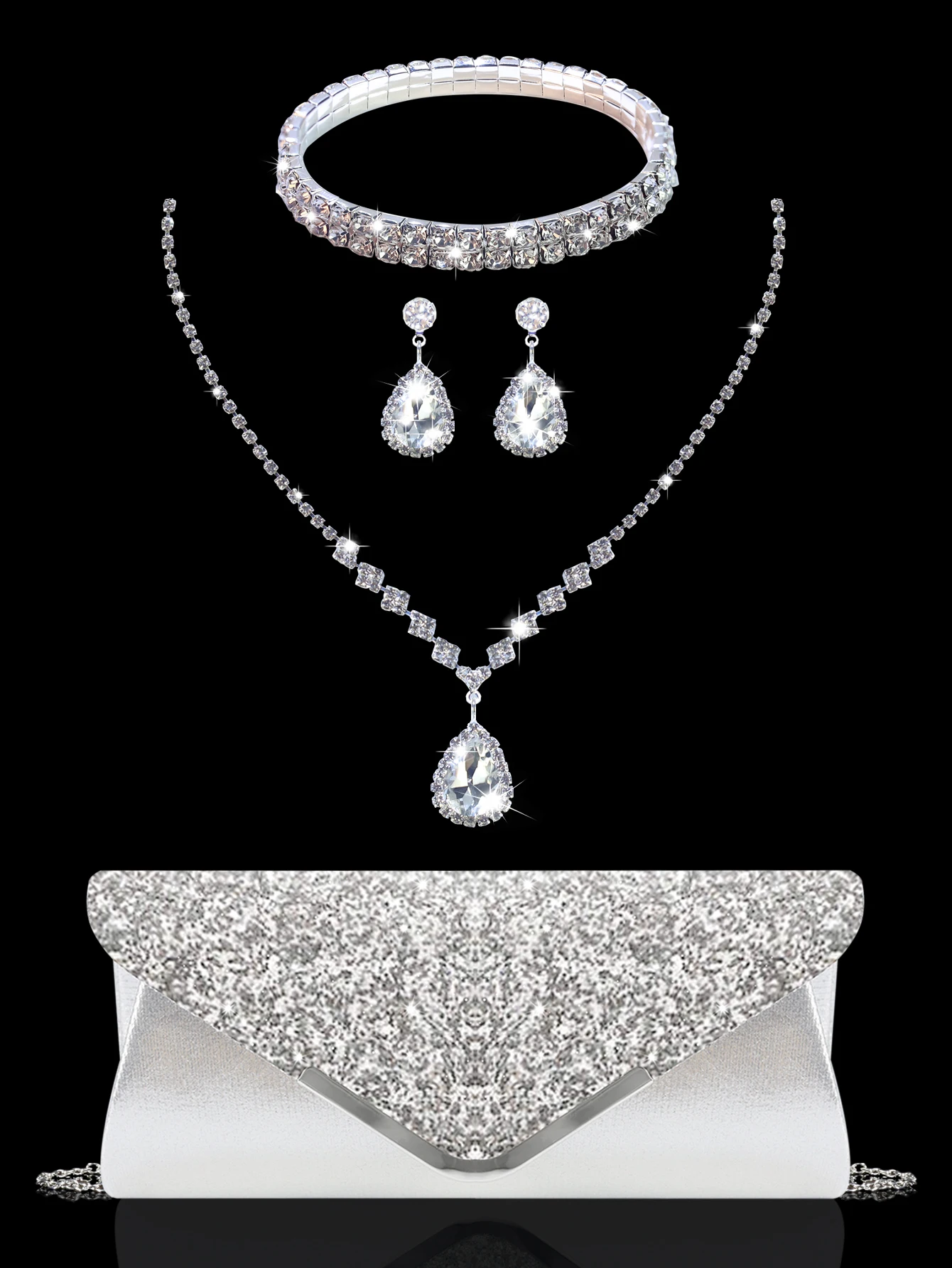 Diese stilvolle Abendtasche ist mit Pailletten verziert und einem luxuriösen Strass-Halskette, Ohrringe und Armband-Set gepaart. Image