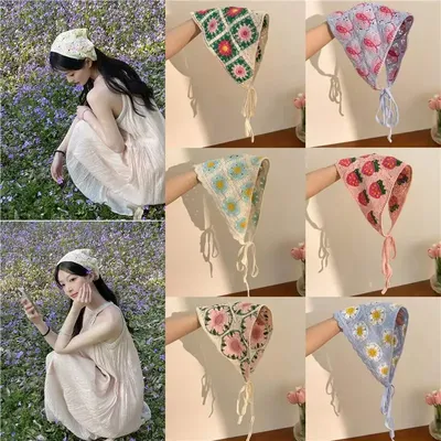 Ins style high-end triangular headscarf for summer outings and rural style 2025 new retro knitted hollow headscarf for women