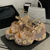 Liyke Sexy 13CM Wedges Sandals Women Gold Sequined Flowers Thick Bottom Open Toe Party Dress Shoes