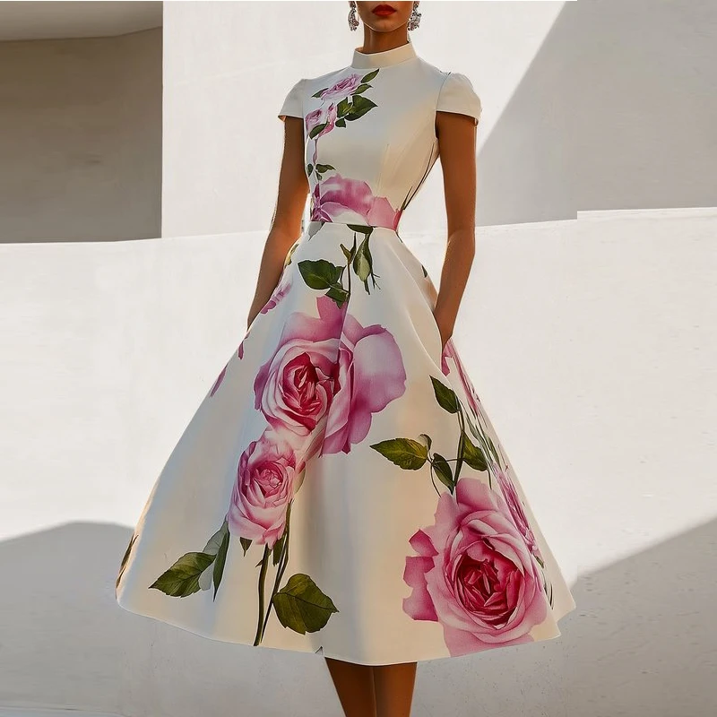 Modigirl 2025 nouvelle femme fleur imprimé robes mi-longues été maigre col montant élégant Vintage romantique robe de soirée pour les femmes