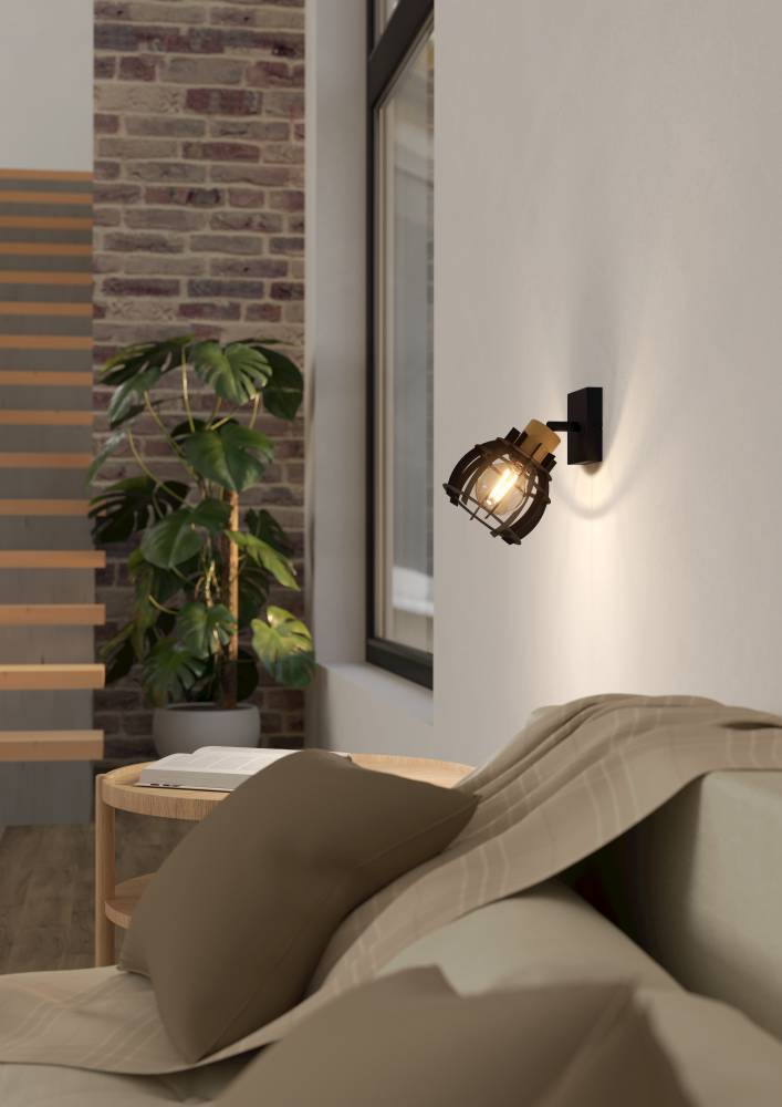 EGLO Deckenspot "STILLINGTON 1", braun (schwarz, braun), 1, Ø 16cm H: 24,5cm, 1 Stk., Leuchten, Wandleuchte, Wandspot aus Holz und Metall in Schwarz, Wohnzimmer, Flur, Wandlampe Image