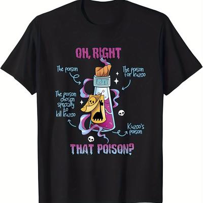 "TEMU Men's Humorous Graphic Print T-shirt - "oh Right The Person You Looking For Is Poison?" Design, Slim Fit Short Sleeve, Black With Pink & , Stretch, Casual Wear" Image