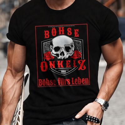 "TEMU Men's Skull& Rose Graphic T-shirt- Premium Cotton Crew Neck Tee With Edgy "evil Uncle" Design, Durable Casual Shirt For Gym, Running& Casual Attire- Style," Image