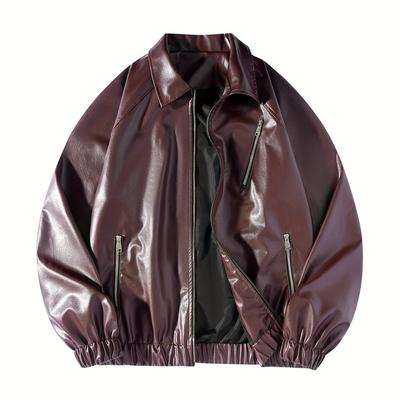 TEMU Men's 2025 New Fashionable - Stylish Brown Leather, Stand Collar, Zipper Closure, Casual & Windproof, Loose Fit, Polyester Lining, Casual Attire Jacket|stylish |zippered Jacket Image