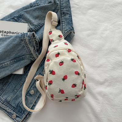 TEMU 1pc Strawberry Print White Fanny Pack For Women - Small Zippered Crossbody Bag With Multiple Pockets, Ideal For Travel And Casual Use, Travel Accessory| Accessory|zippered Closure Image