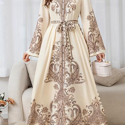 TEMU 25 New Bohemian Women's Bow Tie Ethnic Print Long Dress - , Commuting, , Vacation, And Party Outfits Image