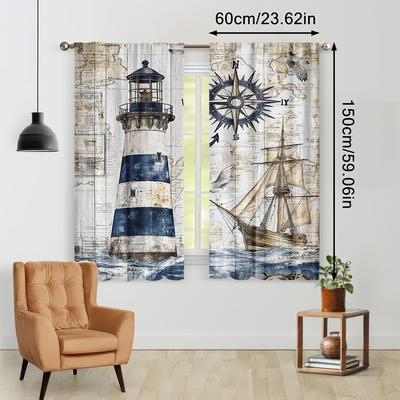 TEMU 2pcs Nautical Sailboat & Curtains - Chic Gothic Floral, Semi-transparent Polyester, Easy To Hang Rod For Living Room & Bedroom Decor Image