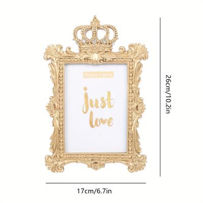 "TEMU [rhinestone Accents] Elegant Golden Rectangular Picture Frame - 7x10" Resin & Glass, Baroque Style With Rhinestone Embellishments, Decor, Wall Or Tabletop Display" Image