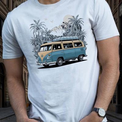 TEMU Short Sleeve Minivan Illustration Print Tee Shirt For Summer, Casual Tees For Men Image