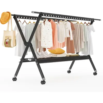Clothes Drying Rack with Wheels Clothing Folding Aluminum Alloy Laundry Drying Racks Foldable Portable Indoor Outdoor Garment Ra