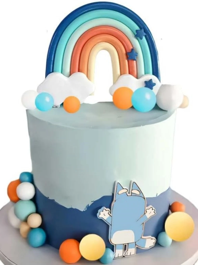 14 Stück blaue Regenbogen-Kuchenaufsätze mit orange-weißen Kugeln für Hundeburtstagstorte, Dekorationen, Babyparty, Partyzubehör Image