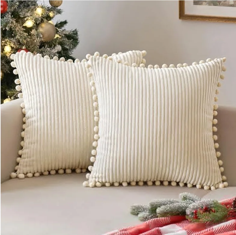 Dekorative Kissenbezüge im Boho-Stil mit Bommeln, 45 x 45 cm, Kissenbezüge, Cord-Kissenbezug, süßes und weiches quadratisches Dekokissen Image