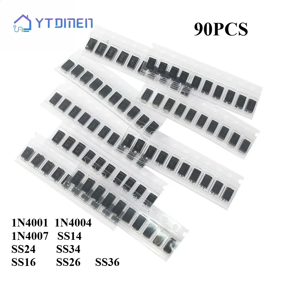 90-teiliges SMD-Dioden-Set, 9 Werte, X 10 Stück, 1N4007 1N4001 1N4004 SS14 SS16 SS24 SS26 SS34 SS36 SMD-Gleichrichterdioden-Sortiment-Set Image