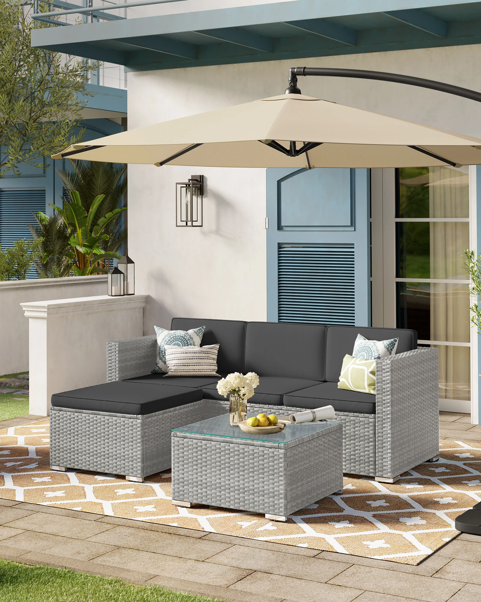 SONGMICS Gartenmöbel-Set, Terrassenmöbel, Ecksofa, Outdoor, handgeflochtenes Rattan, Lounge-Set, mit Kissen und Glastisch