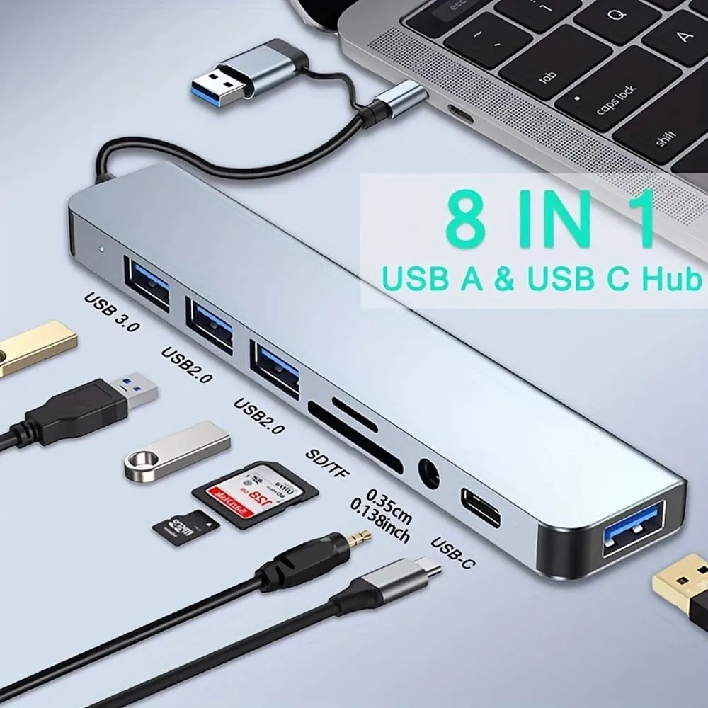 8-in-1-USB-Hub mit Typ-C-Adapter, 4 USB-Anschlüssen, TF/SD-Kartenleser, Audio-Buchse, kompatibel mit Laptops und Mobiltelefonen Image