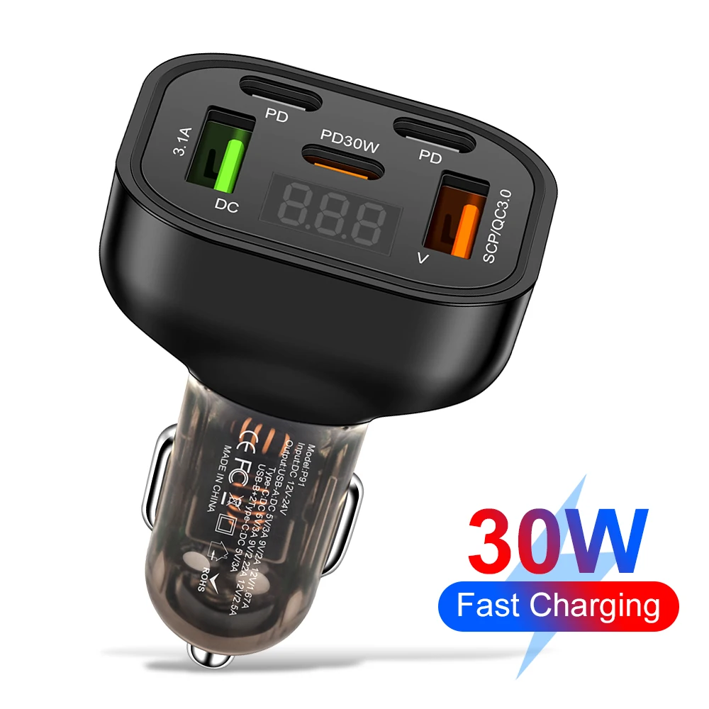 Insgesamt 150 W transparentes USB-C-Autotelefon-Ladegerät, 5-in-1, superschnelle Aufladung mit Spannungsanzeige, buntes Licht für iPhone, Samsung Image