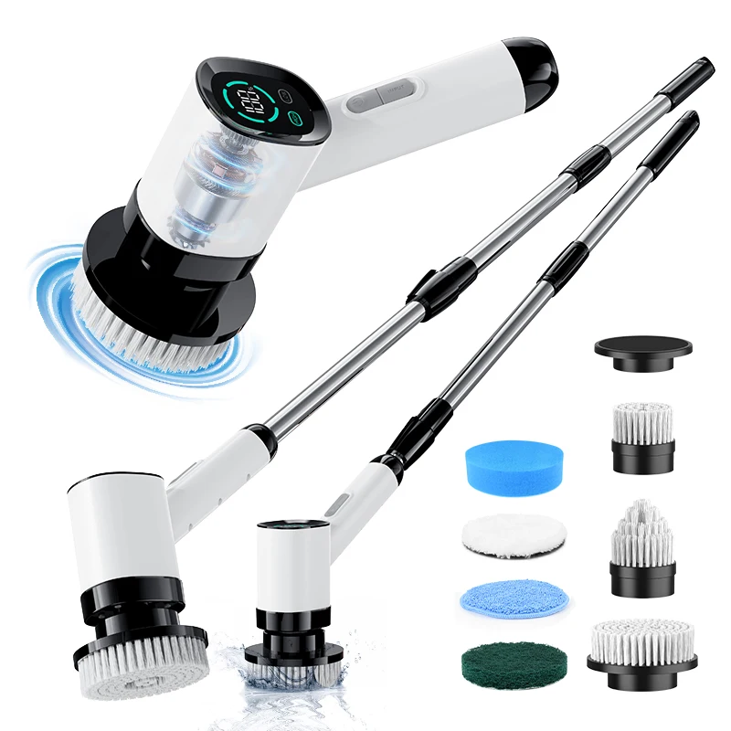 Elektrischer Schleuderschrubber, wasserdichter Badezimmer-Reinigungsbürste, Duschschrubber mit langem Griff und 2 Geschwindigkeiten und 7 Köpfen, Ersatzreiniger Image