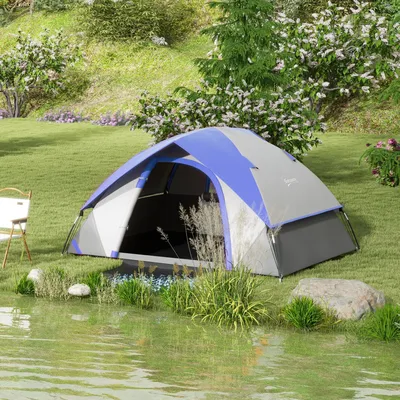 Outsunny Camping Tent, 2 Man Dome Tent, 3000mm Waterproof, Sewn-in Groundsheet, Carry Bag, Grey & Dark Blue