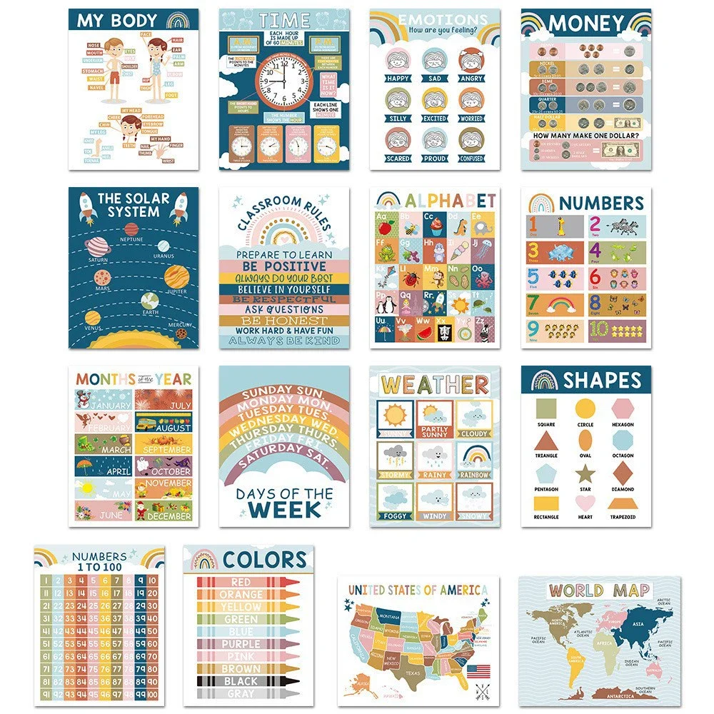 Druckgemälde 1/4/16 Stück Boho-Poster im spanischen Klassenzimmer – Calm Down-Eckdekorationen, 20,3 x 25,4 cm, Regenbogen- und emotionale Unterstützung Image