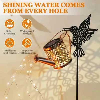 Solar Watering Can Light Metal Hanging Lantern Waterproof Fairy Garden Light Hummingbird Watering Can Light for Lawn Patio Decor