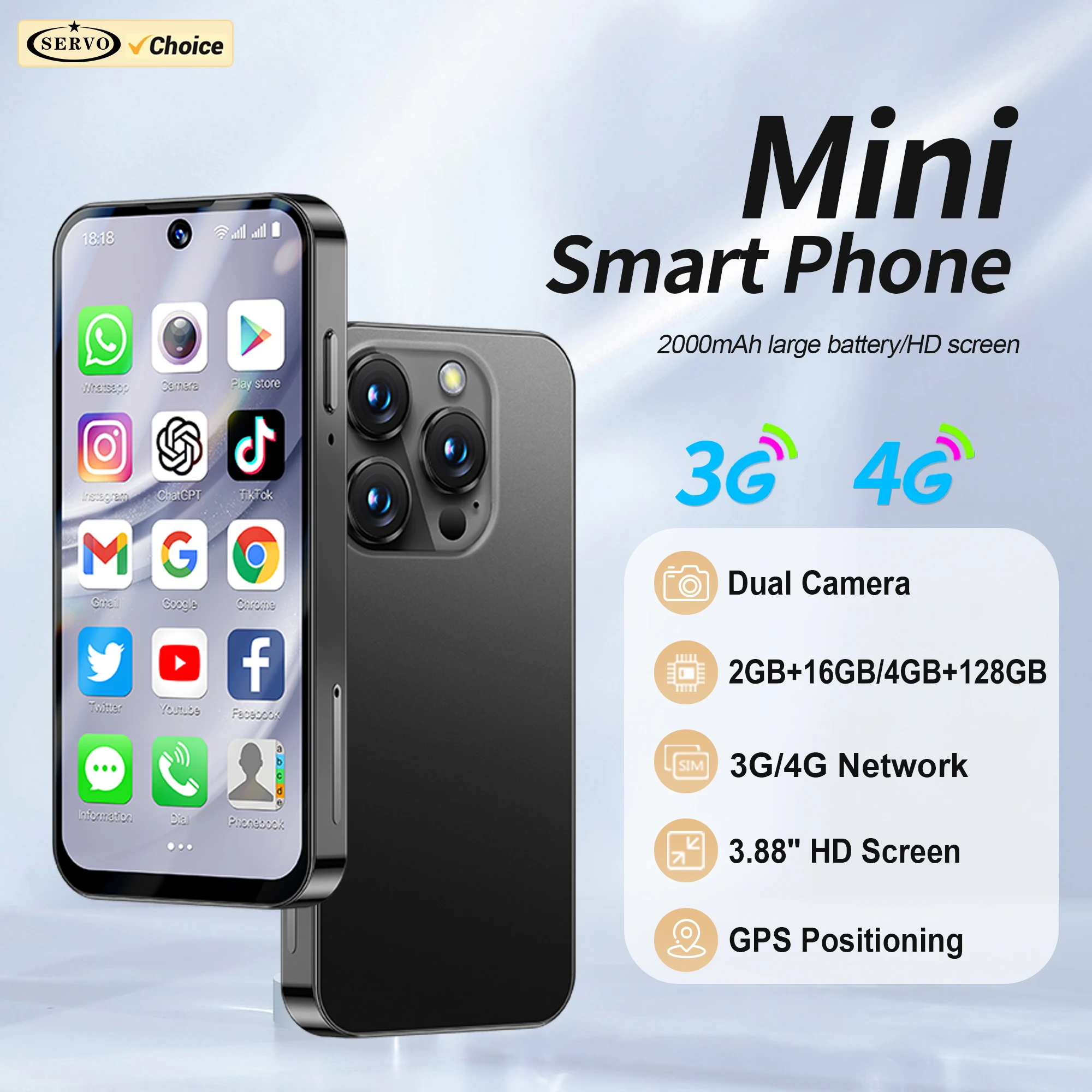 SERVO Mini Smartphone Android 10/12 système double SIM veille 2GB + 16GB/4GB + 128GB Play Store 3G/4G 3.88 