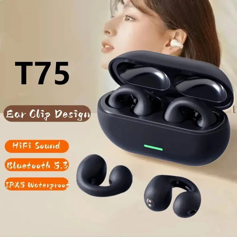 NUOVO T75 Bluetooth 5.3 Cuffie a conduzione ossea wireless Clip Ear Musica con cancellazione del rumore Cuffie HD Chiamate Sport Gaming Auricolare