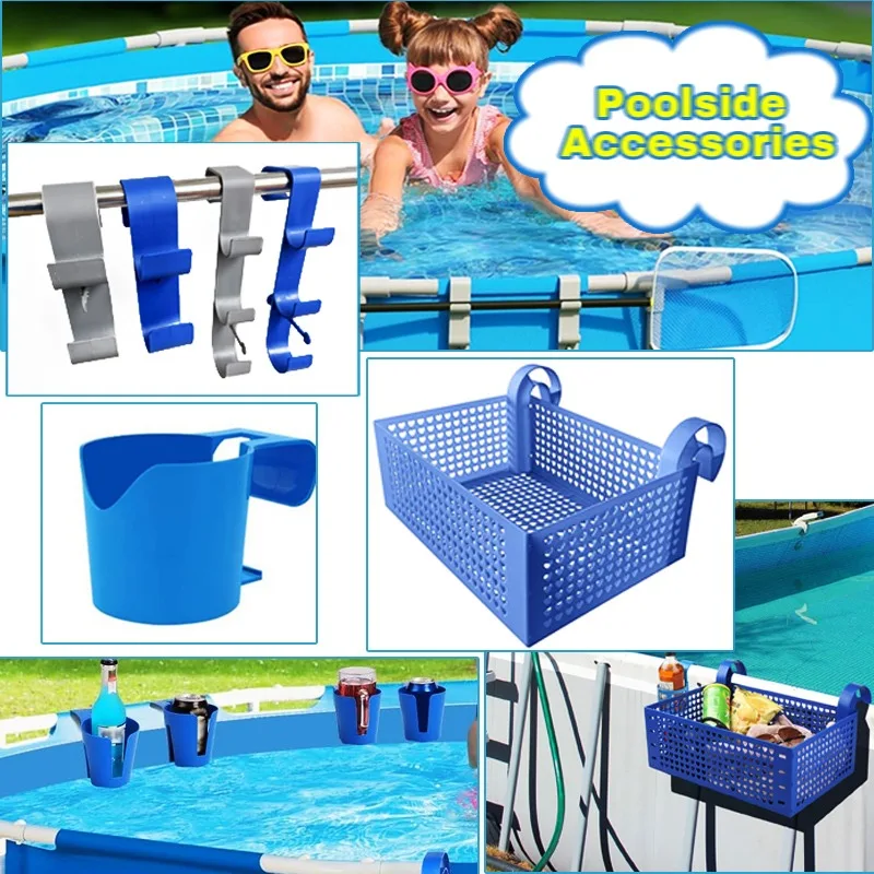 Support de filet d'écumoire de feuilles de piscine au bord de piscine, crochets de piscine pour poteau, panier de rangement suspendu au bord de piscine avec crochets, porte-boissons de piscine