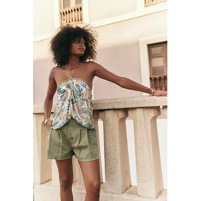 We The Free Clark Pleated Denim Shorts at Free People in Washed Army, Size: Small