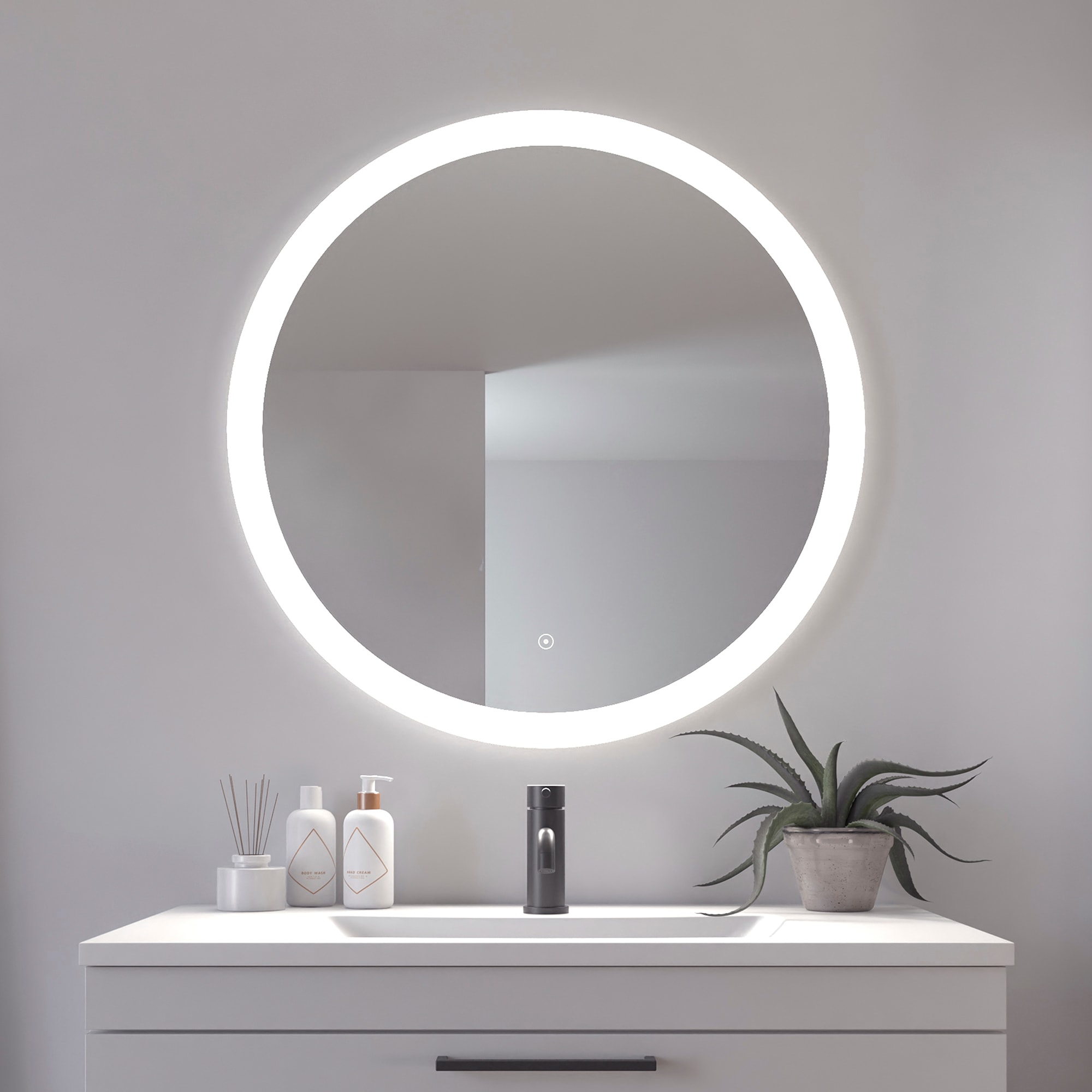 Badspiegel LOEVSCHALL "Vega Rund, Badzimmerspiegel mit LED Beleuchtung, Lichtspiegel", silber (weiß), Spiegel, Damen, B/H/T: 2,7cm Ø 80cm, Spiegelglas, Badspiegel, Touchpanel für Lichtsteuerung, Dimmbar Spiegel, Dänisches Design, T:2,7cm Ø:80cm