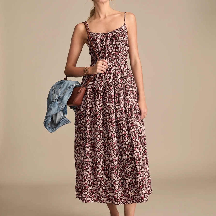 Lucky Brand Printed Smocked Midi Dress - Women's Clothing Dresses Shirt Midi Dress in Chocolate Floral, Size XL