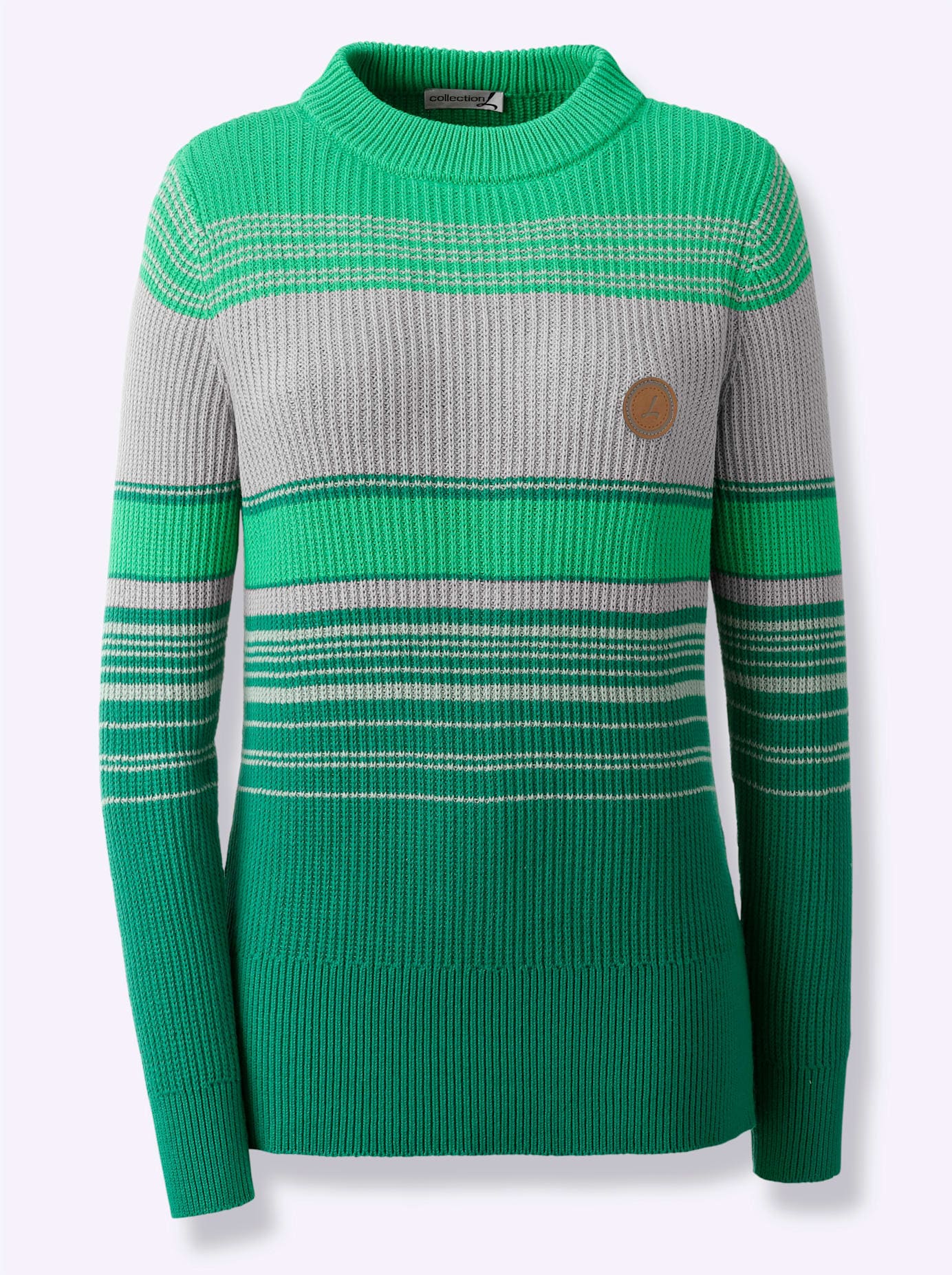 Stehkragenpullover CASUAL LOOKS "Stehkragen-Pullover", Damen, Gr. 42, grün (grün, steingrau), 100% Baumwolle, gemustert, gestreift, mehrfarbig, Pullover Stehkragenpullover