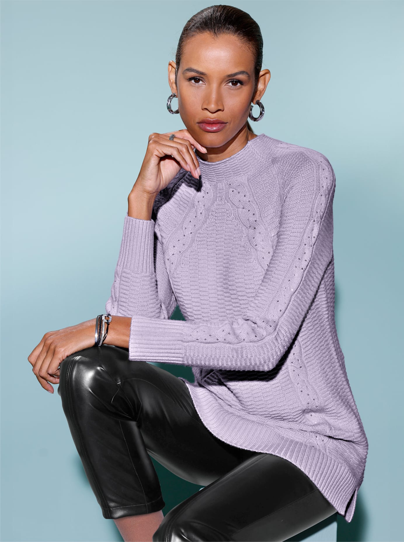 Rollkragenpullover CREATION L "Longpullover", Damen, Gr. 44, lila (flieder), 50% Viskose, 28% Polyester, 22% Polyamid, unifarben, Pullover Rollkragenpullover