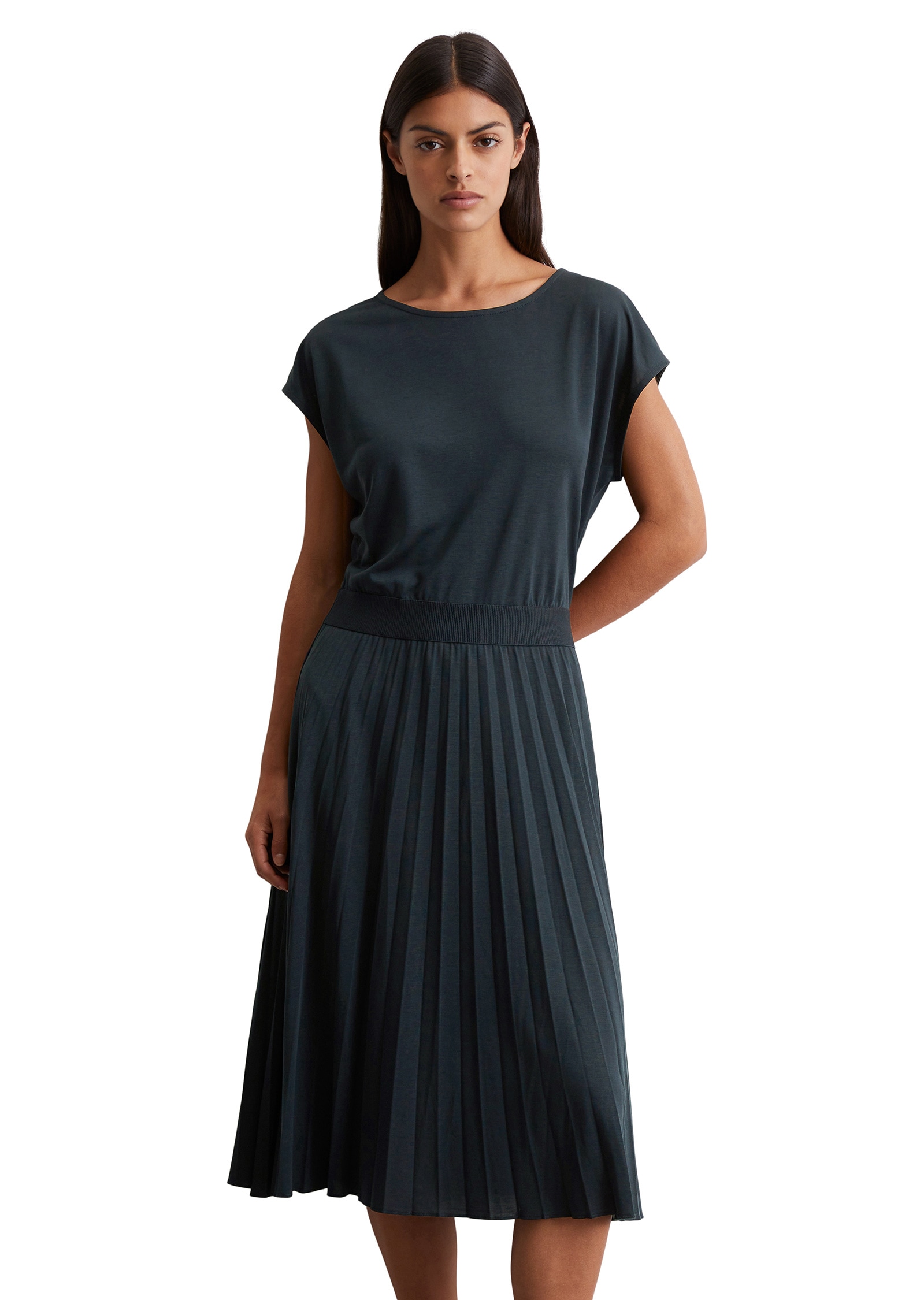 Jerseykleid MARC O'POLO "und plissiertem Rock", Damen, Gr. XXL, Normalgrößen, blau (tiefblau sea), Obermaterial: 72% Lyocell, 28% Polyester; Futter: 100% Nicht verfügbar, unifarben, Rundhals, Kleider Image