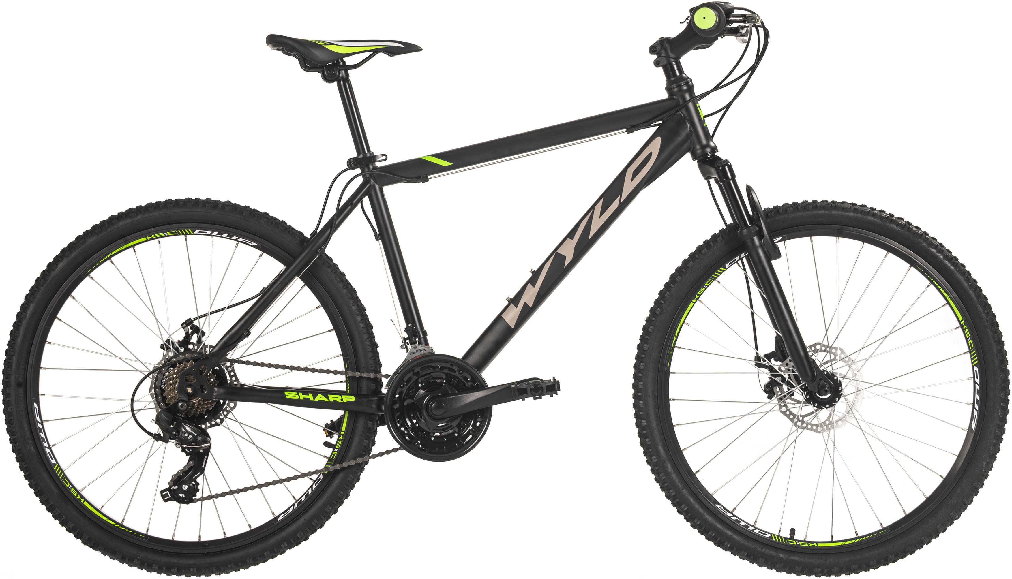 Mountainbike WYLD "Mountainbike Hardtail 26'' Sharp Schwarz-Grün 21 Gänge RH 46 bzw. 51cm" Gr. 46, schwarz (schwarz, schwarz), Fahrräder, 46cm, 26 Zoll (66,04cm) hinten: 26 Zoll (66,04cm) Image
