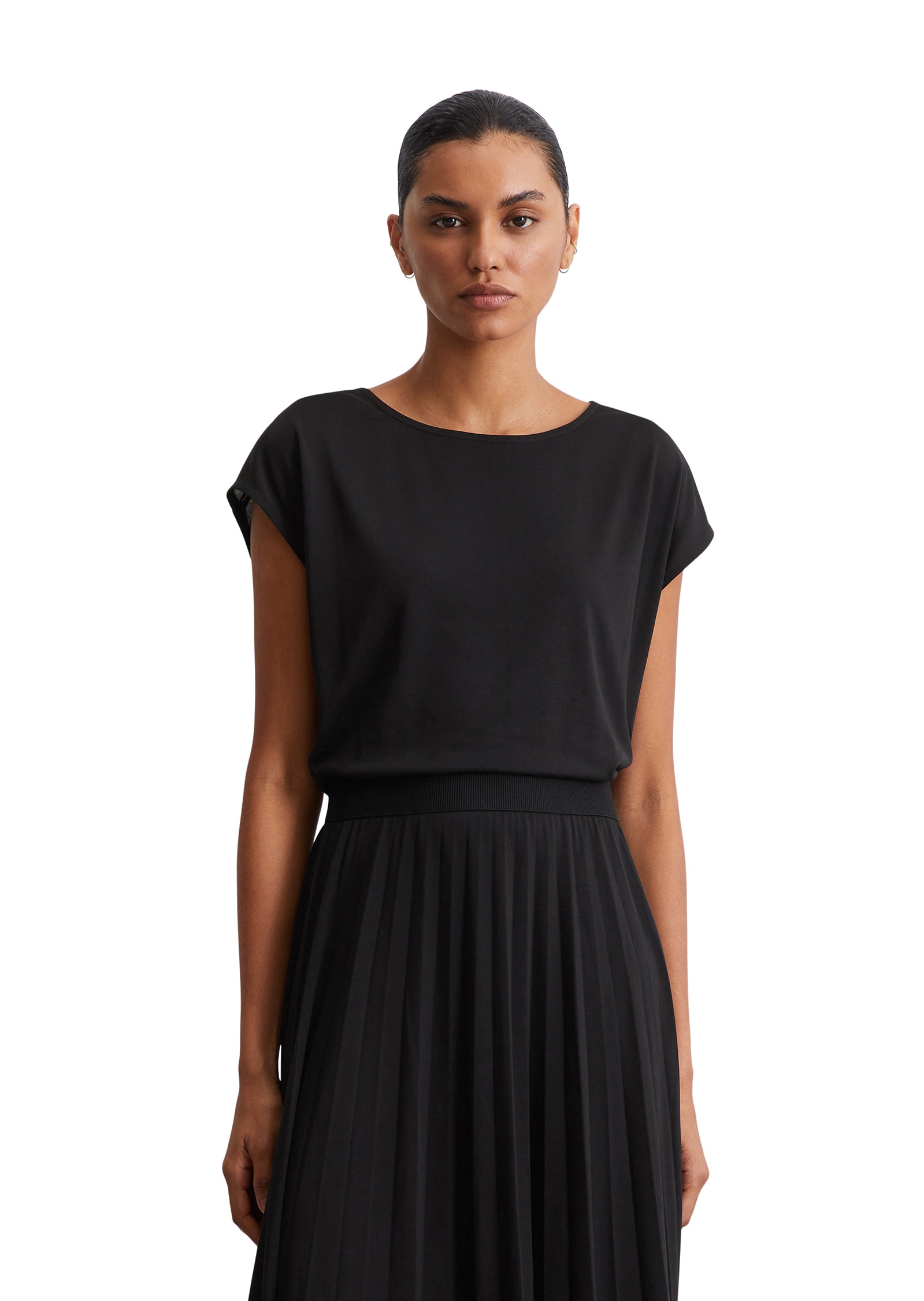 Jerseykleid MARC O'POLO "und plissiertem Rock", Damen, Gr. XS, Normalgrößen, schwarz, Obermaterial: 72% Lyocell, 28% Polyester; Futter: 100% Nicht verfügbar, unifarben, Rundhals, Kleider Image