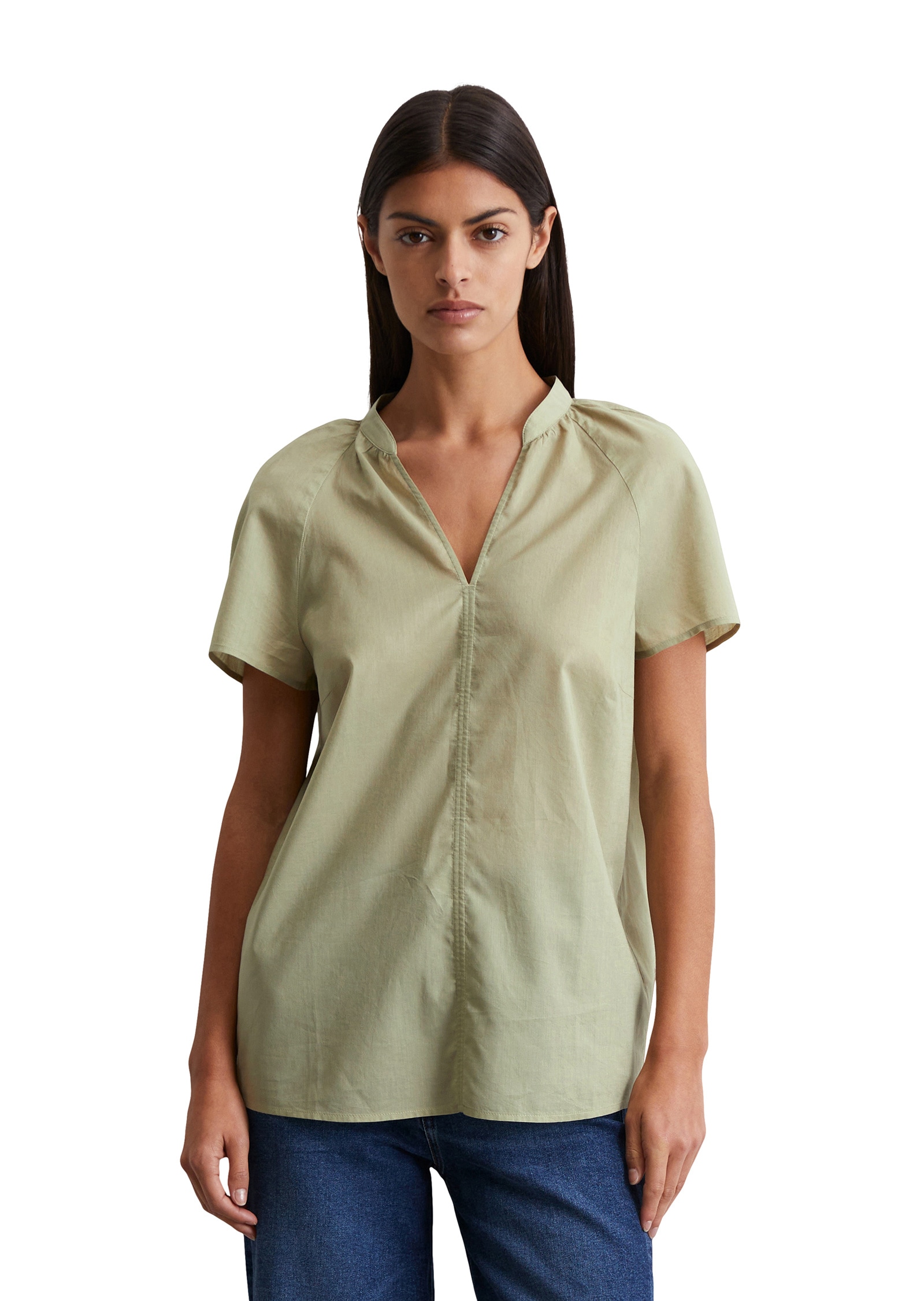 Kurzarmbluse MARC O'POLO "aus leichtem Baumwolle-Voile", Damen, Gr. 42, smooth sage, Obermaterial: 100% Baumwolle, unifarben, regular fit normal, V-Ausschnitt, normaler Saum, Blusen
