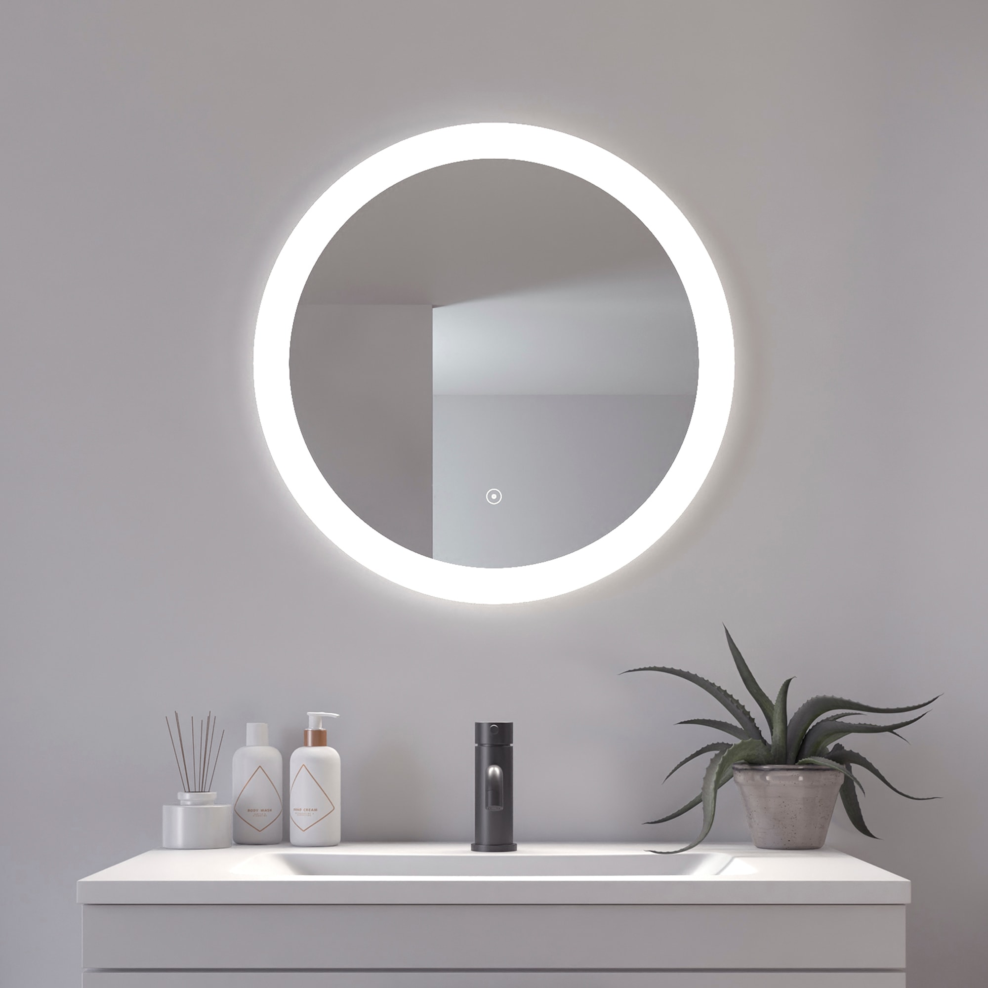 Badspiegel LOEVSCHALL "Vega Rund, Badzimmerspiegel mit LED Beleuchtung, Lichtspiegel", silber (weiß), Spiegel, B/H/T: 2,7cm Ø 60cm, Spiegelglas, Touchpanel für Lichtsteuerung, Dimmbar Spiegel, Dänisches Design, T:2,7cm Ø:60cm