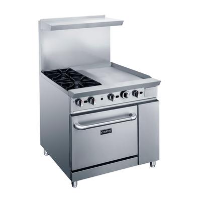 Dukers DCR36-2B24GM 36" 2 Burner Commercial Gas Range w/ Griddle - Standard Oven, Convertible, Stainless Steel, Gas Type: LP