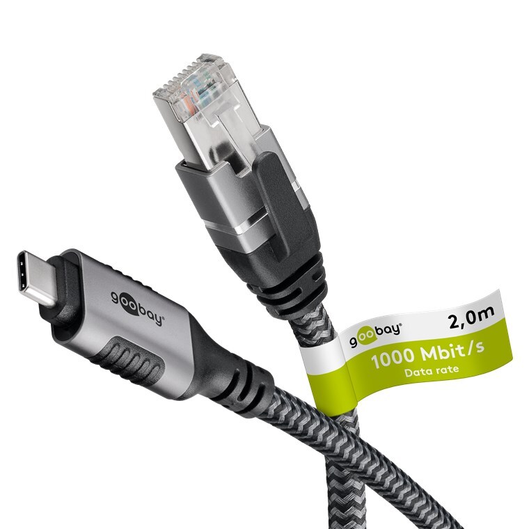 goobay 70698 goobay USB C 3.1/RJ45 CAT 6 Kabel 2,0 m grau, schwarz, 1 St. Image