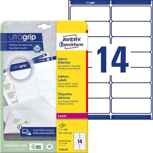 AVERY Zweckform Abziehhilfe QuickPEEL,ultragrip Adressetiketten L7163-40 Haftend DIN A4 Weiß 99,1 x 38,1 mm 40 Blatt à 14 Etiketten Image
