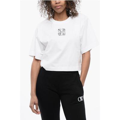 Crop-T-Shirt mit Rundhalsausschnitt und strassverziertem Logo in Weiß Image